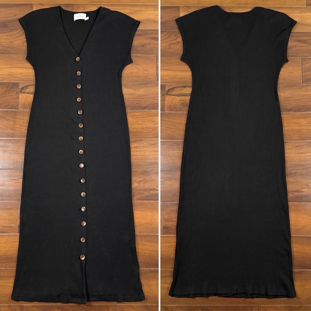 Sancia Women's Size Medium Black Ribbed V Neck Faux Button Front Midi Dress